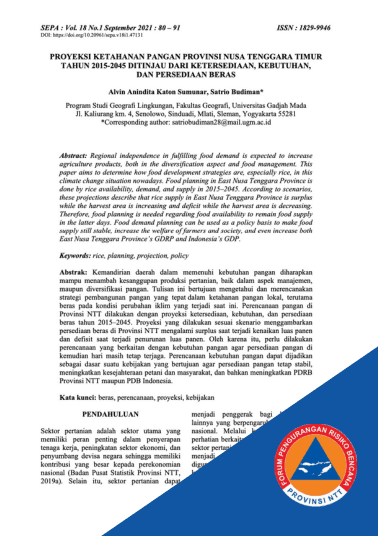Proyeksi Ketahanan Pangan Provinsi Nusa Tenggara Timur Tahun 2015 – 2045 ditinjau dari Ketersediaan, Kebutuhan, dan Persediaan Beras