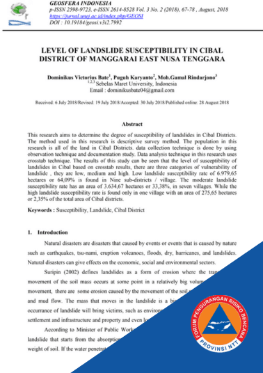 Level Of Landslide Susceptibility In Cibal District Of Manggarai East Nusa Tenggara