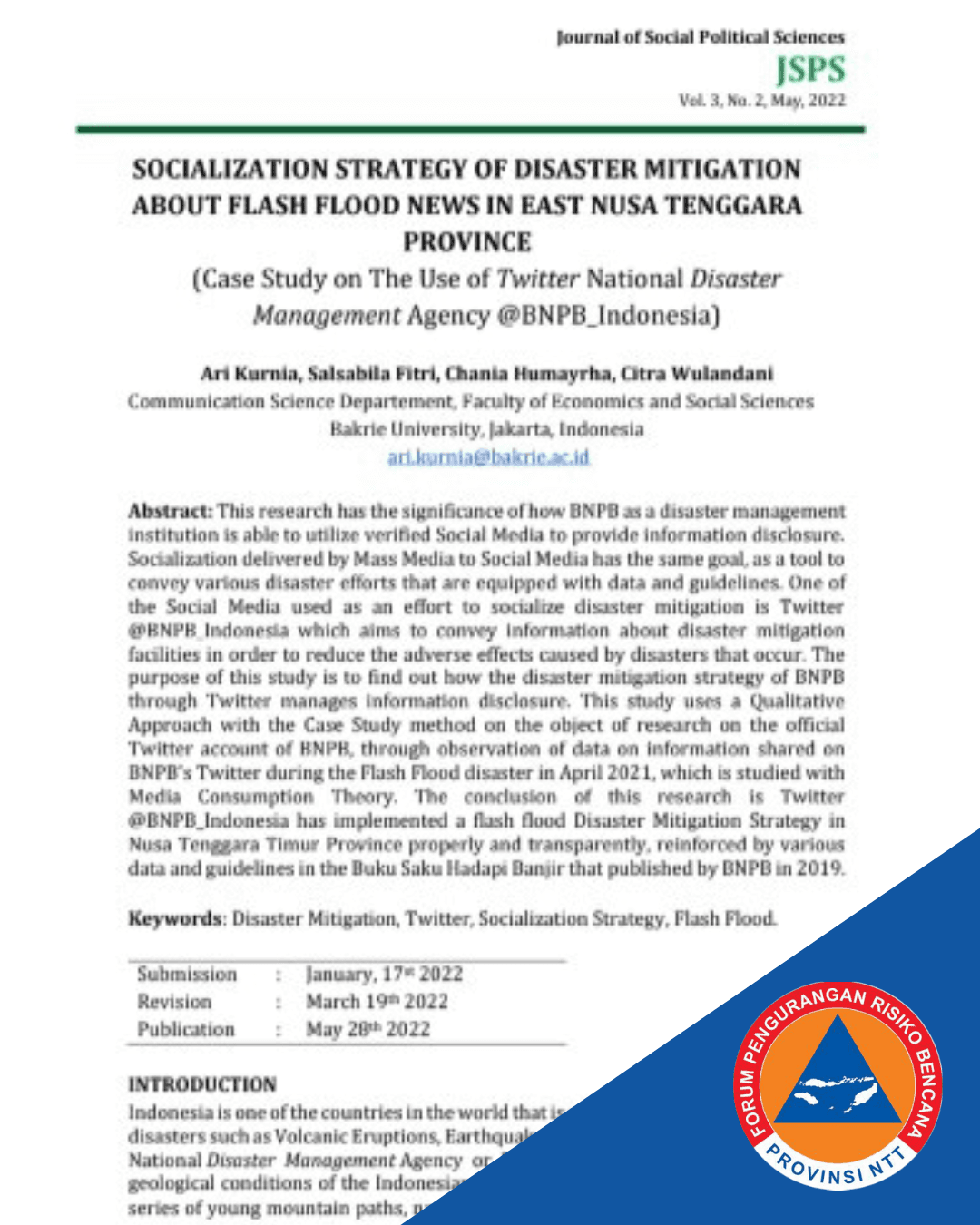 Socialization Strategy of Disaster Mitigation About Flash Flood News in East Nusa Tenggara Province