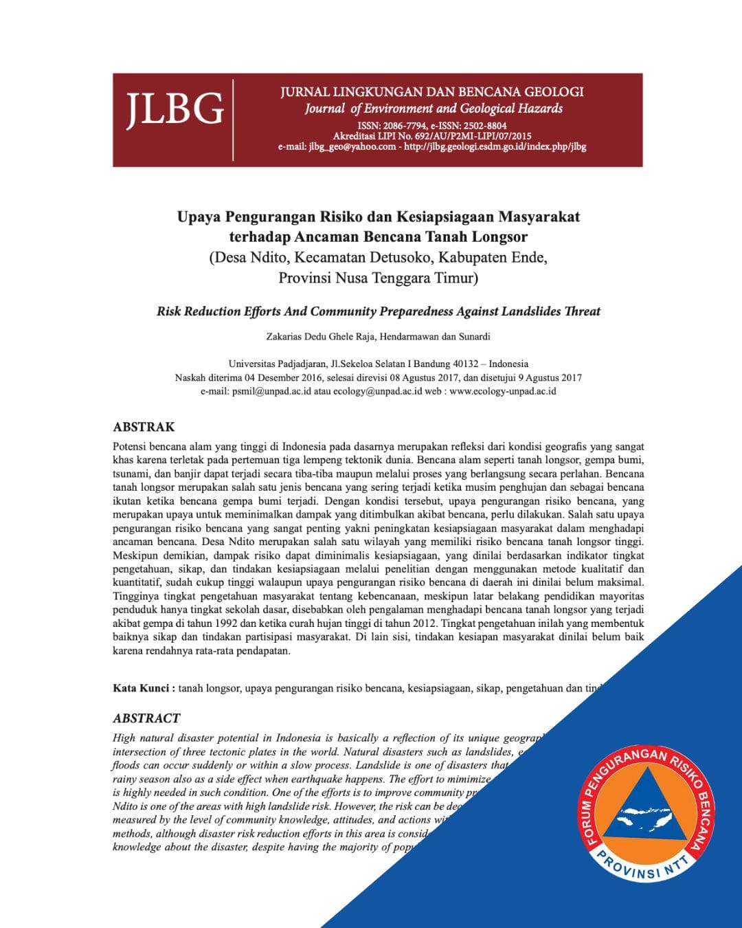 Upaya Pengurangan Risiko dan Kesiapsiagaan Masyarakat terhadap Ancaman Bencana Tanah Longsor (Desa Ndito, Kecamatan Detusoko, Kabupaten Ende, Provinsi Nusa Tenggara Timur)
