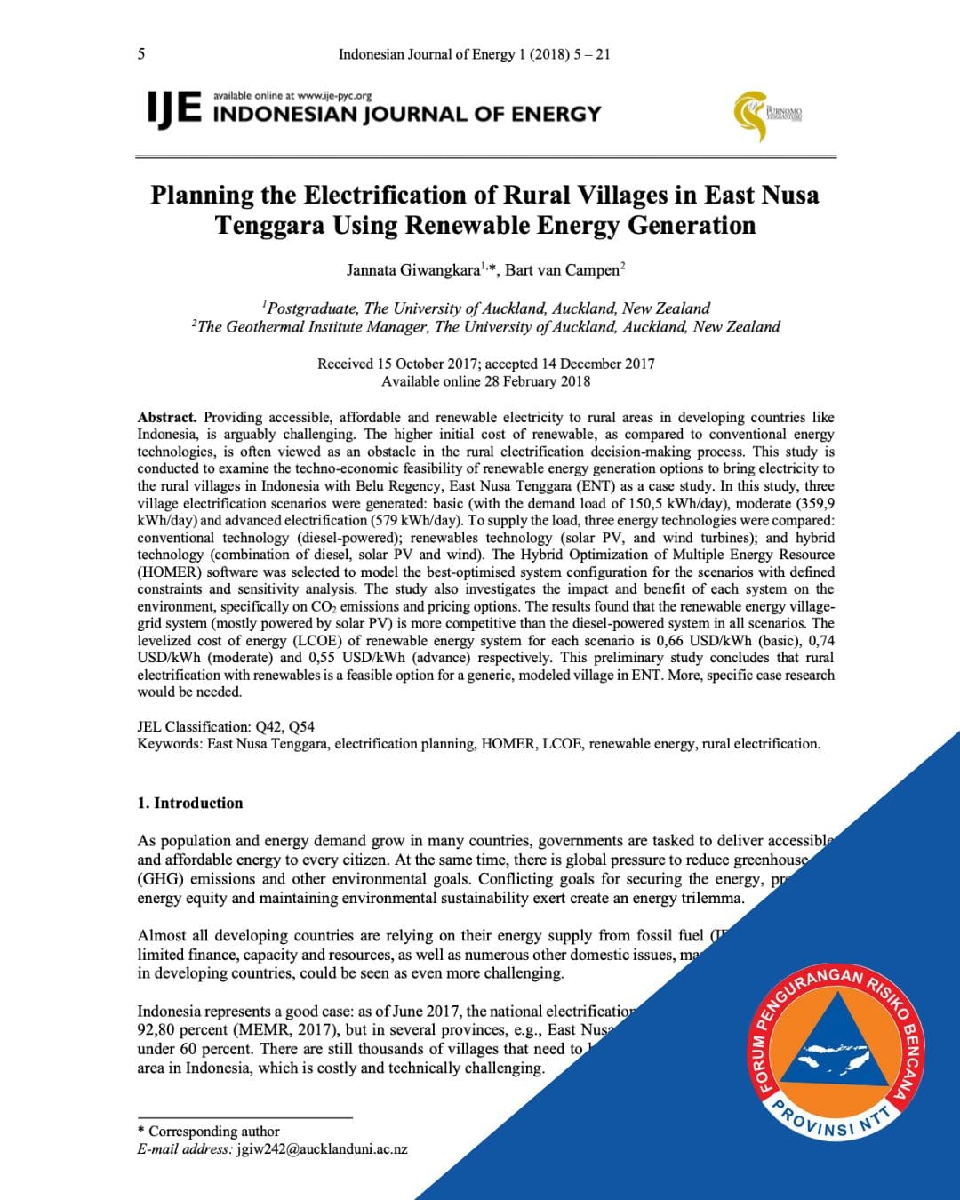 Planning the Electrification of Rural Villages in East Nusa Tenggara Using Renewable Energy Generation