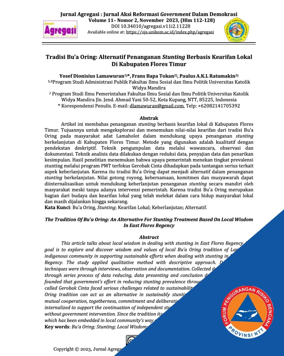 Tradisi Bu’a Oring: Alternatif Penanganan Stunting Berbasis Kearifan Lokal Di Kabupaten Flores Timur