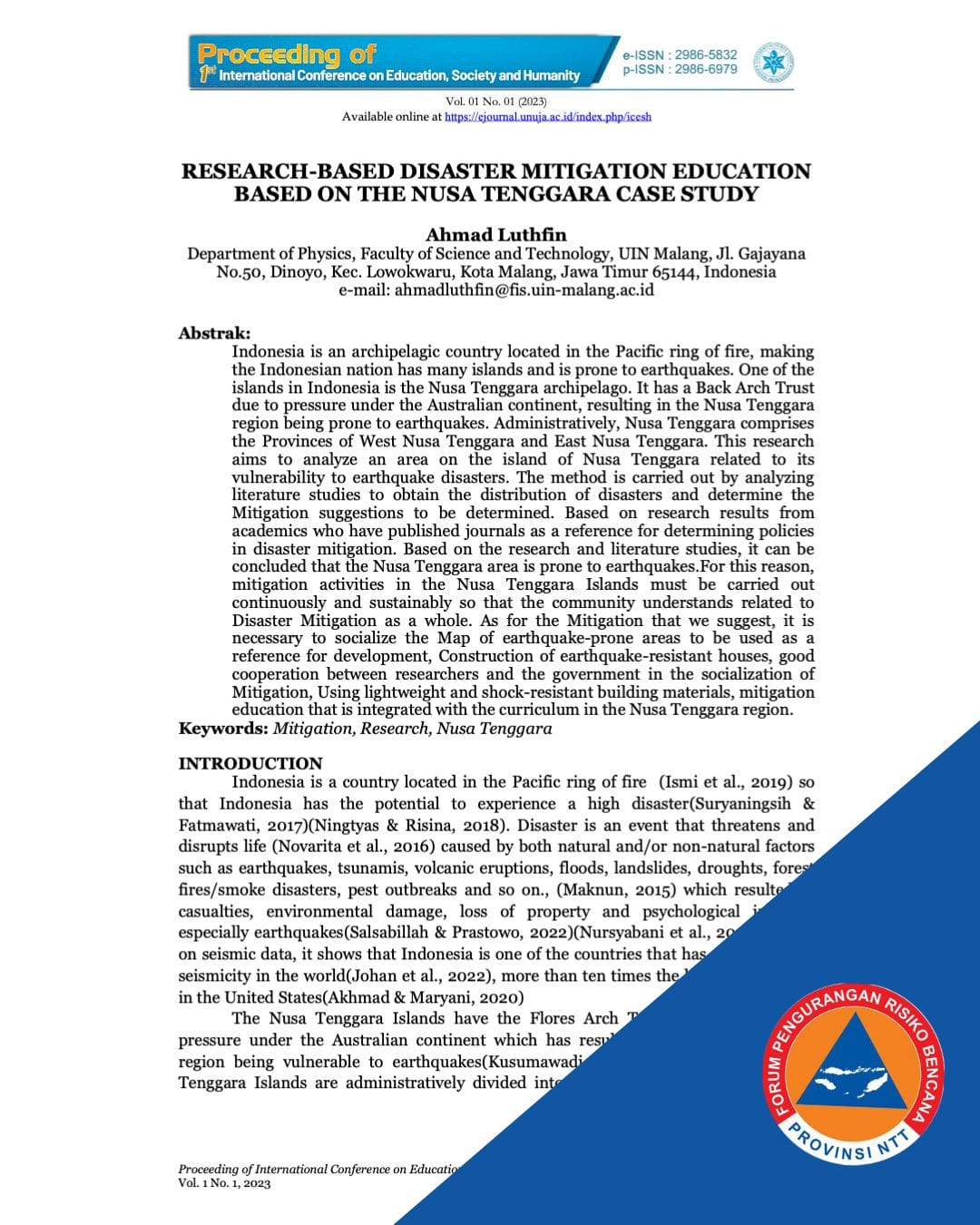 Research-Based Disaster Mitigation Education Based on the Nusa Tenggara Case Study