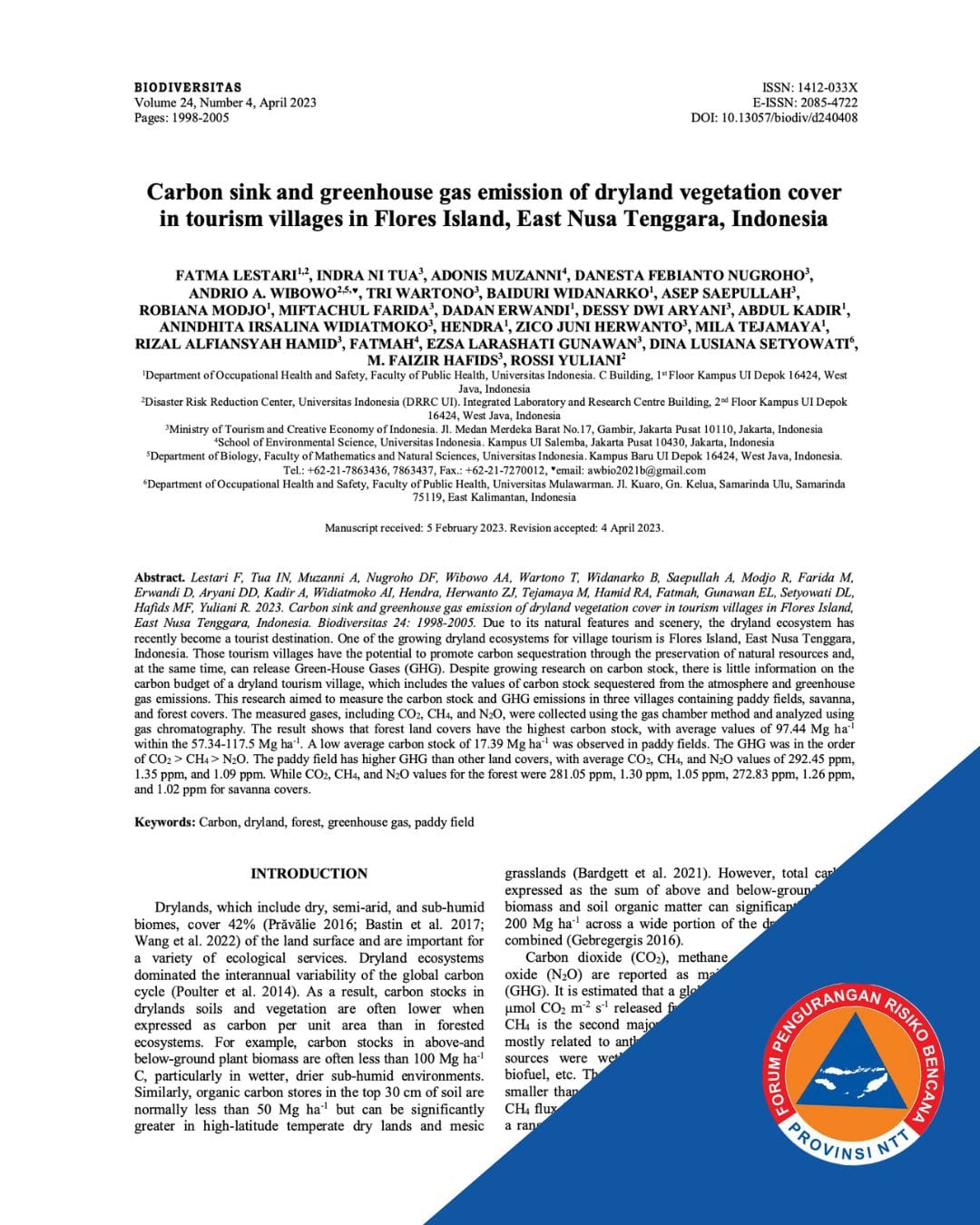 Carbon sink and greenhouse gas emission of dryland vegetation cover in tourism villages in Flores Island, East Nusa Tenggara, Indonesia