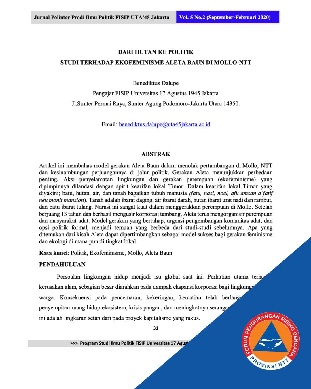 Dari Hutan ke Politik: Studi terhadap Ekofeminisme Aleta Baun di Mollo-NTT