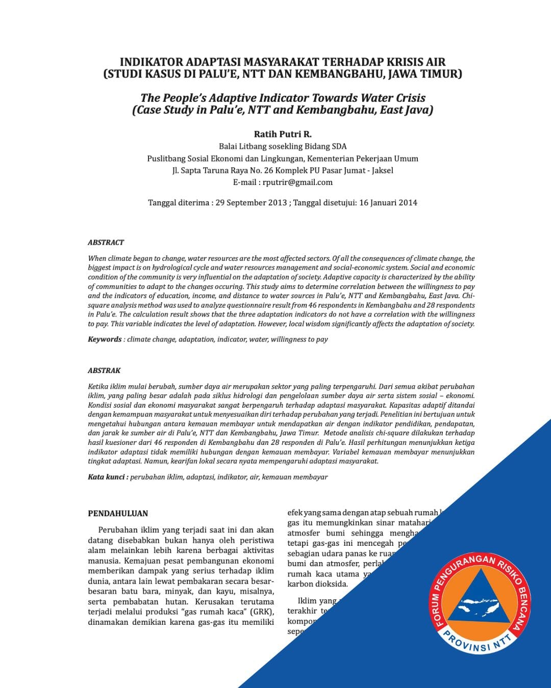 Indikator Adaptasi Masyarakat Terhadap Krisis Air (Studi Kasus di Palu’e, NTT dan Kembangbahu, Jawa Timur)