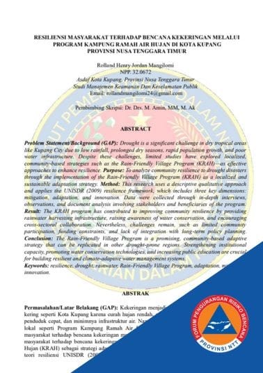 Resiliensi Masyarakat terhadap Bencana Kekeringan melalui Program Kampung Ramah Air Hujan di Kota Kupang Provinsi Nusa Tenggara Timur