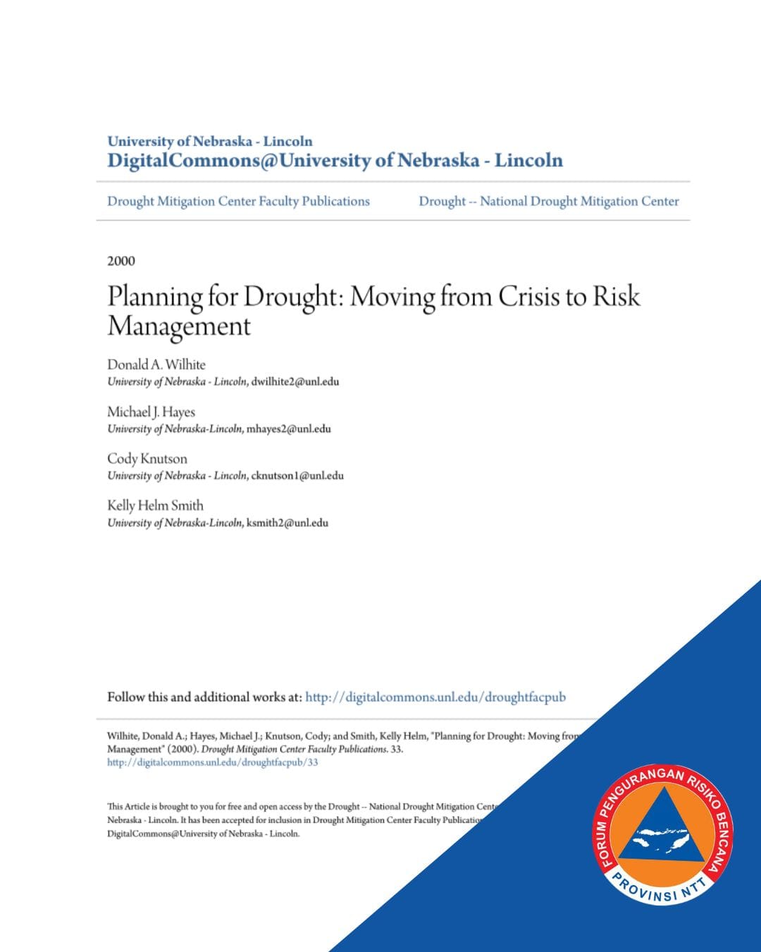 Planning for Drought: Moving from Crisis to Risk Management