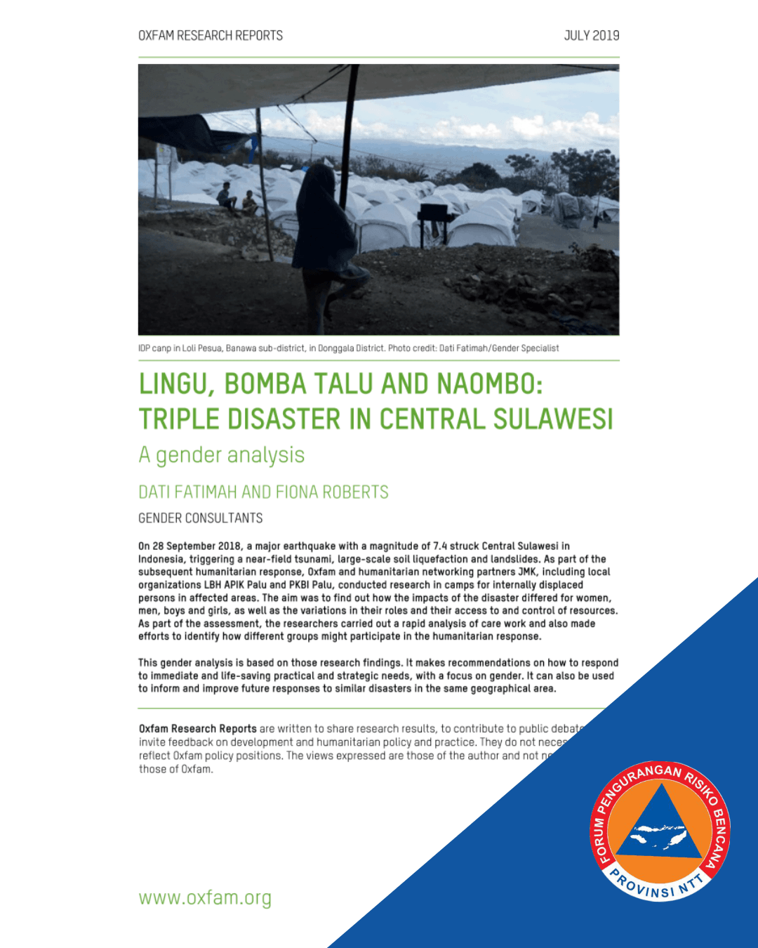 Gender Analysis: Central Sulawesi Earthquake, Tsunami and Liquefaction – Recovery and Rehabilitation