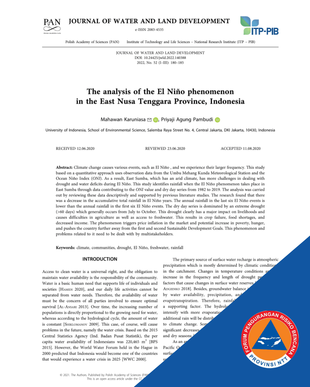The analysis of the El Niño phenomenon in the East Nusa Tenggara Province, Indonesia