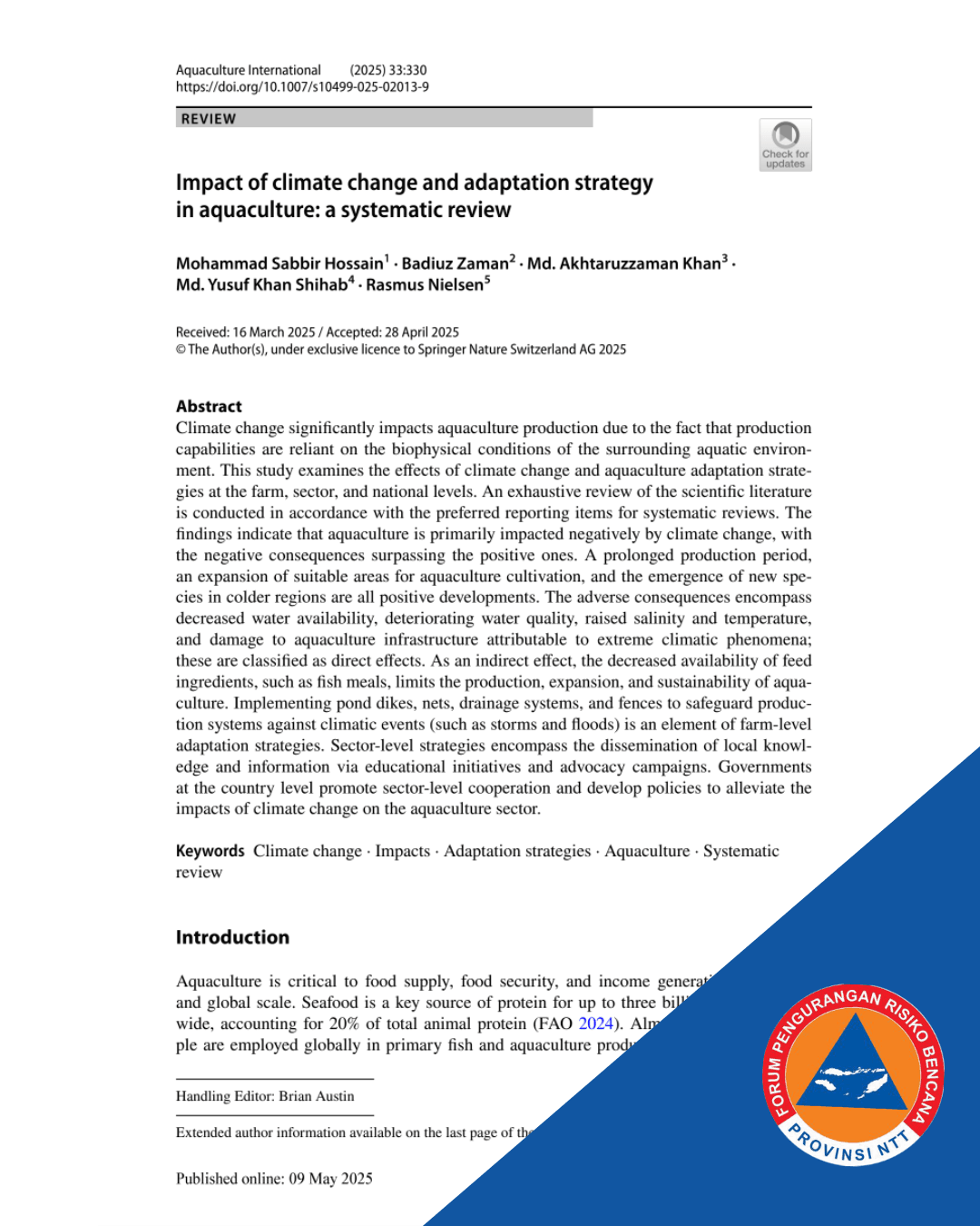 Impact of climate change and adaptation strategy in aquaculture: a systematic review