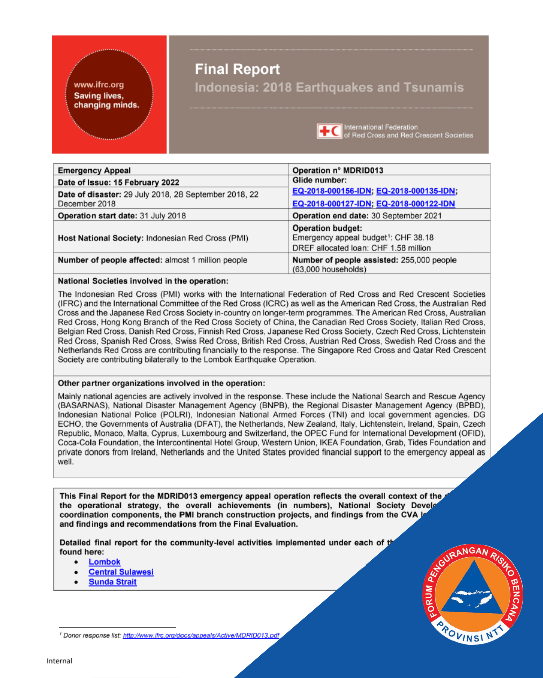 Indonesia: 2018 Earthquakes and Tsunamis – Emergency Appeal Final Report (MDRID013)