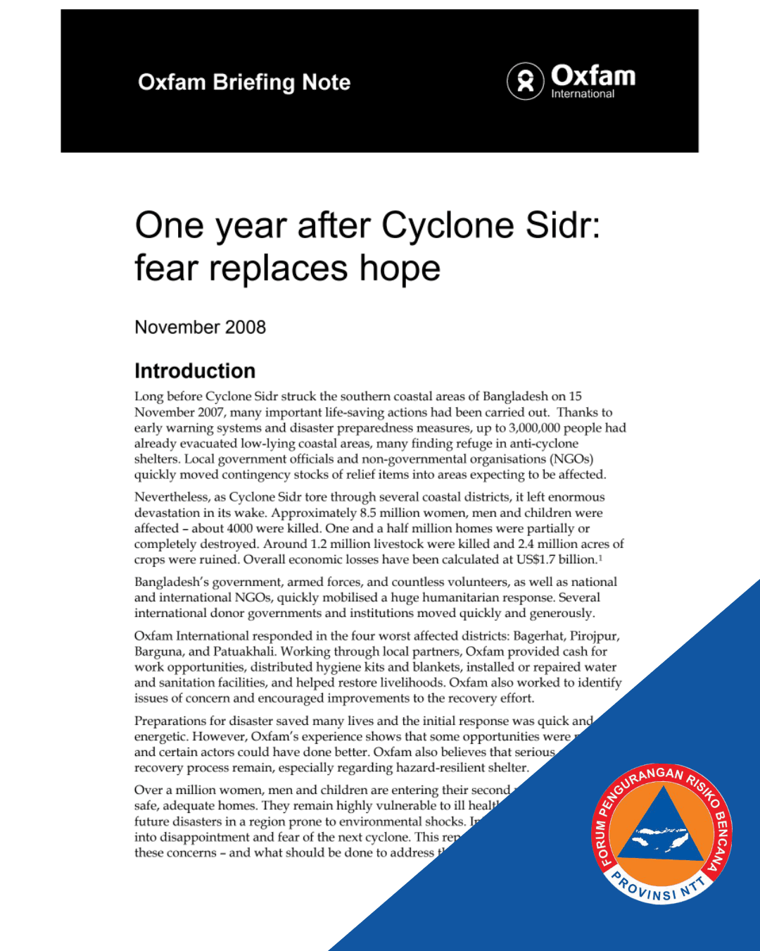 One Year After Cyclone Sidr: Fear Replaces Hope