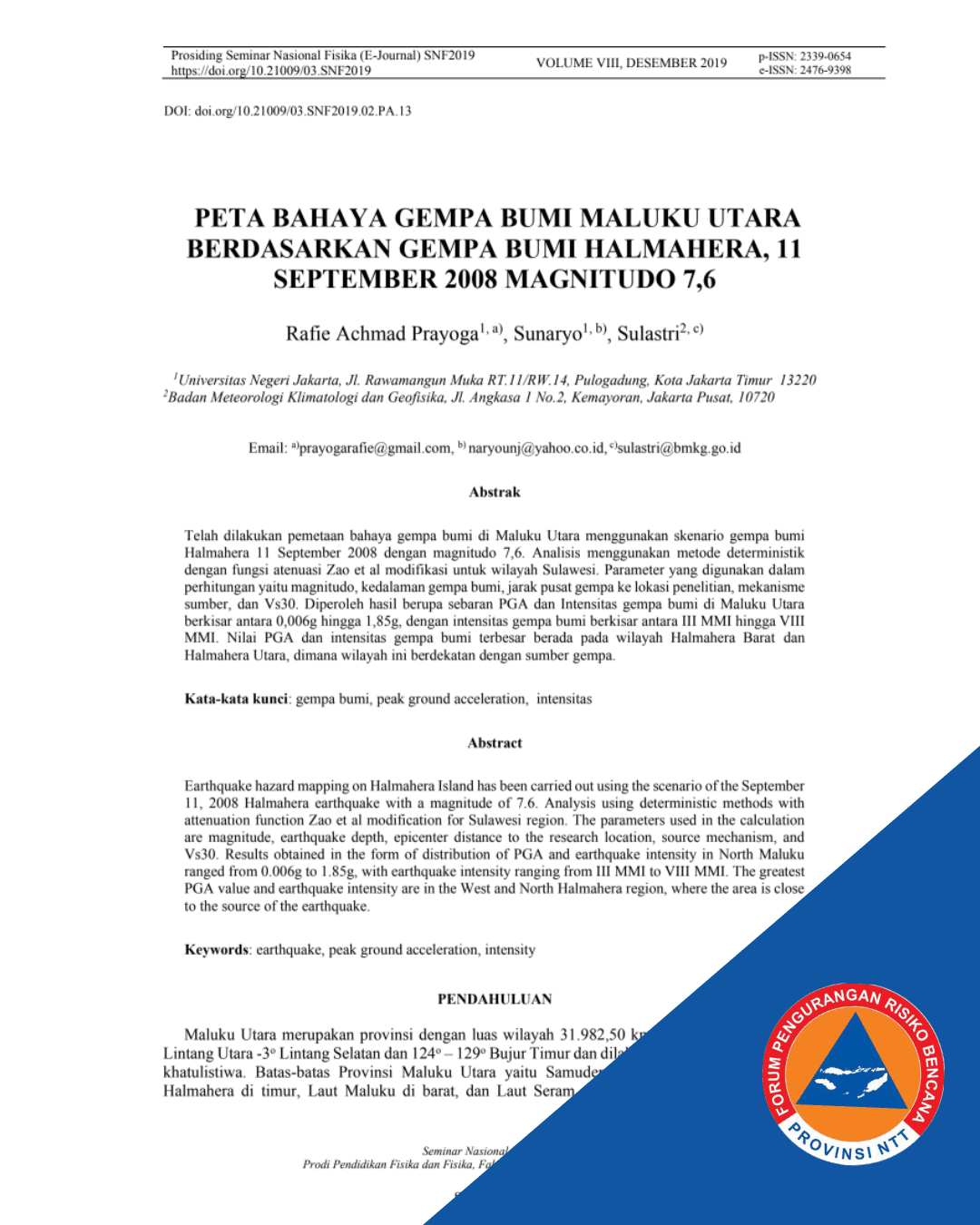 Peta Bahaya Gempa Bumi Maluku Utara Berdasarkan Gempa Halmahera 11 September 2008 Magnitudo 7,6