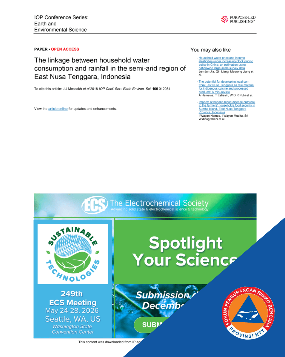 The linkage between household water consumption and rainfall in the semi-arid region of East Nusa Tenggara, Indonesia