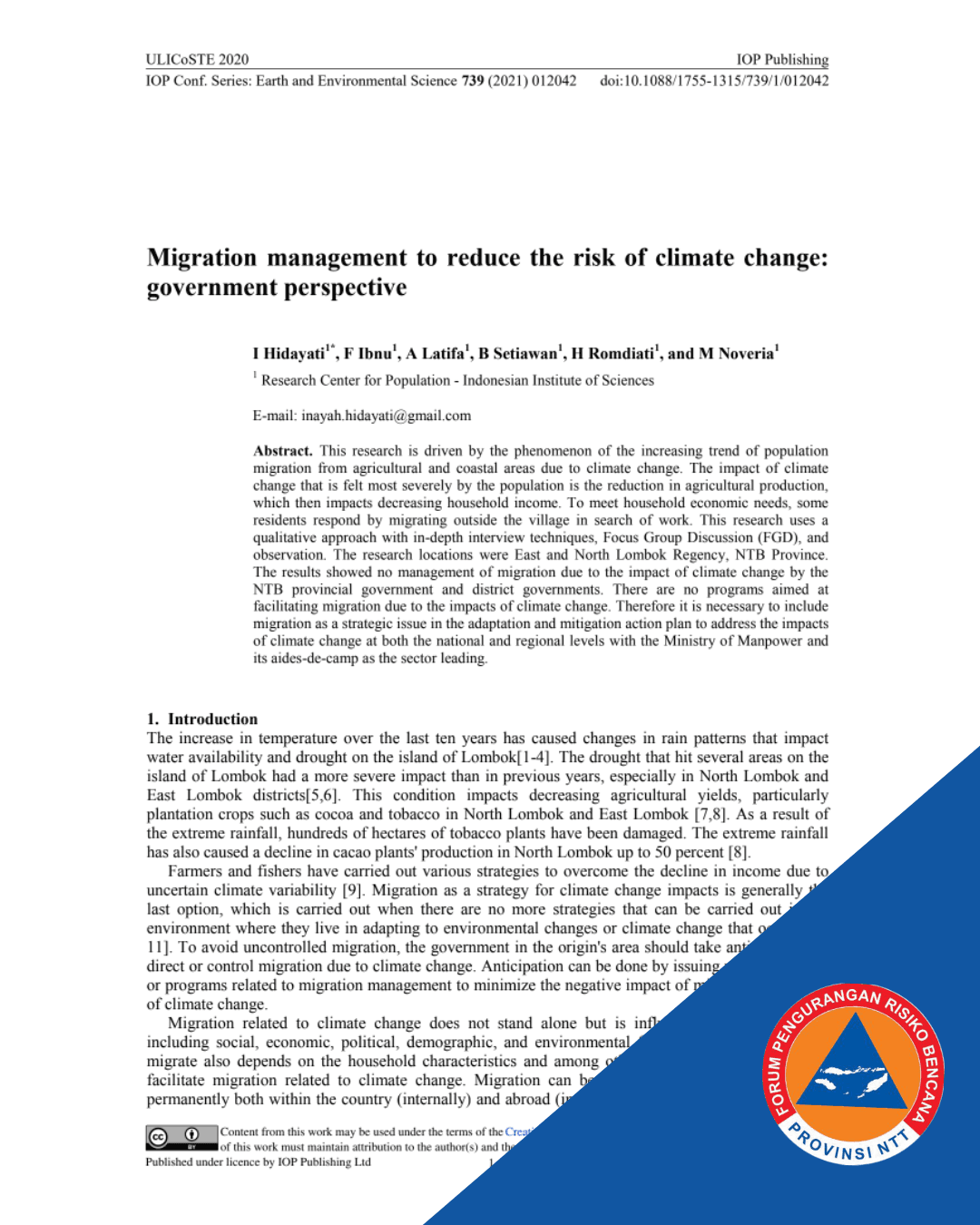 Migration Management to Reduce the Risk of Climate Change: Government Perspective