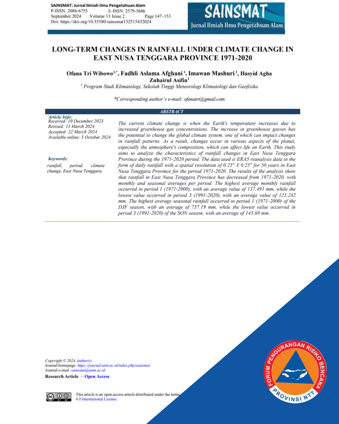 Long-Term Changes in Rainfall Under Climate Change in East Nusa Tenggara Province 1971–2020