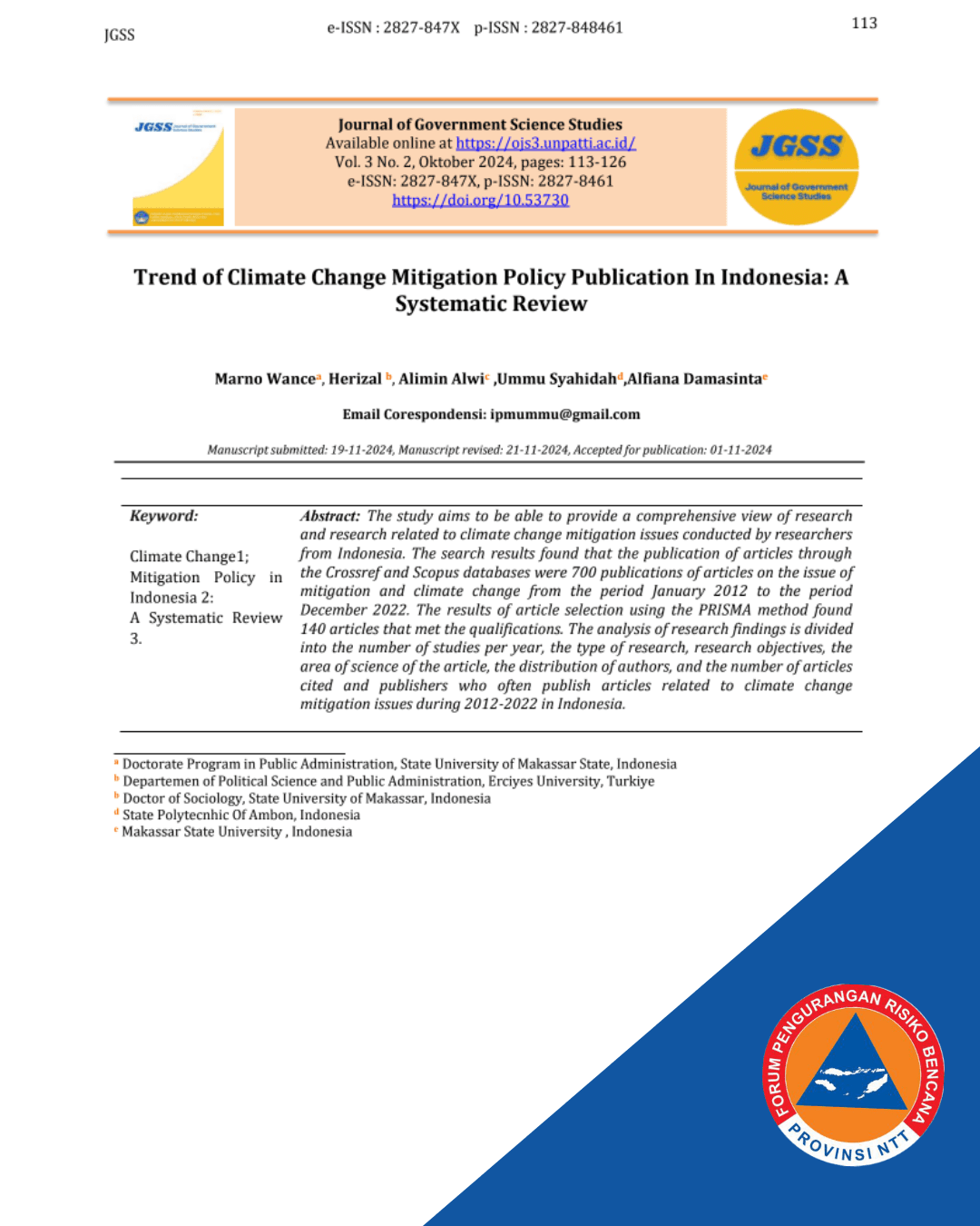 Trend of Climate Change Mitigation Policy Publication in Indonesia: A Systematic Review