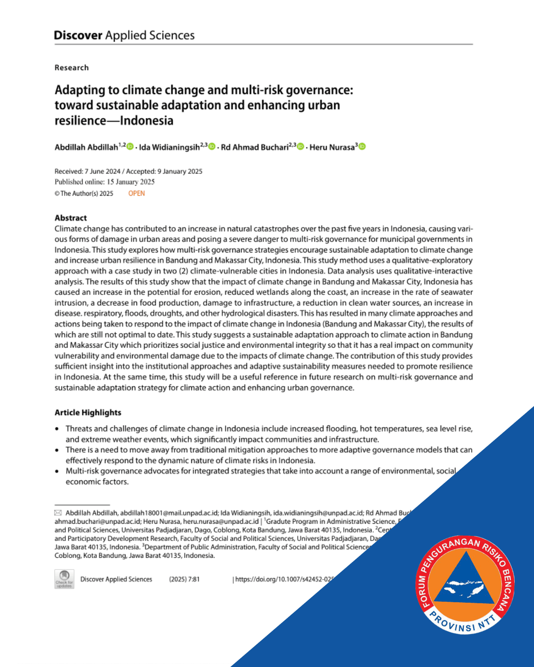 Adapting to Climate Change and Multi-Risk Governance: Toward Sustainable Adaptation and Enhancing Urban Resilience—Indonesia