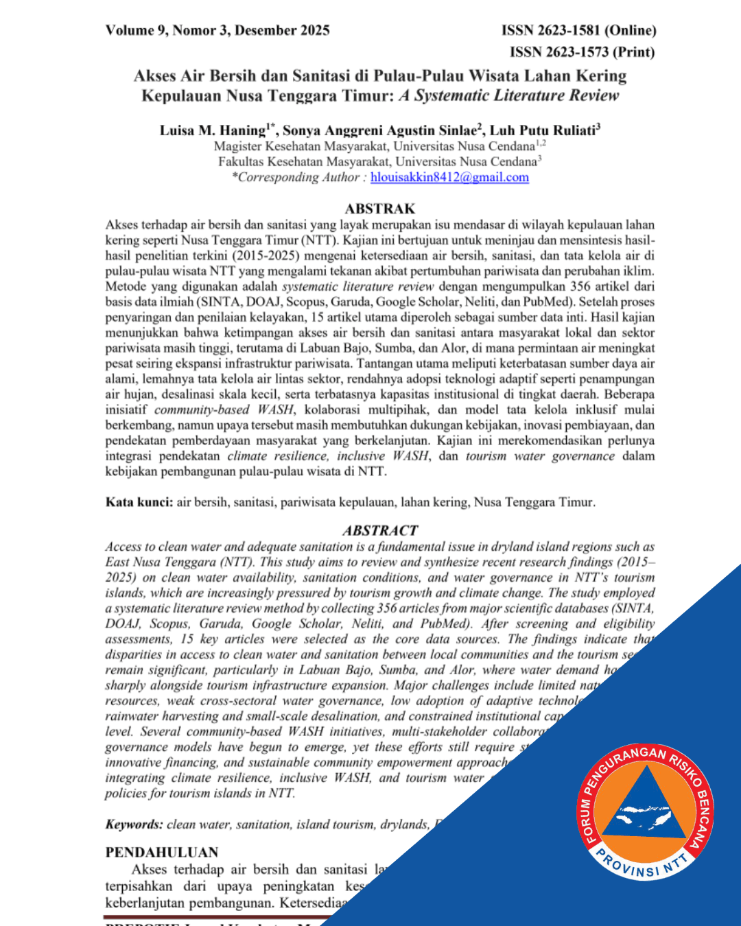 Akses Air Bersih dan Sanitasi di Pulau-Pulau Wisata Lahan Kering Kepulauan Nusa Tenggara Timur: A Systematic Literature Review