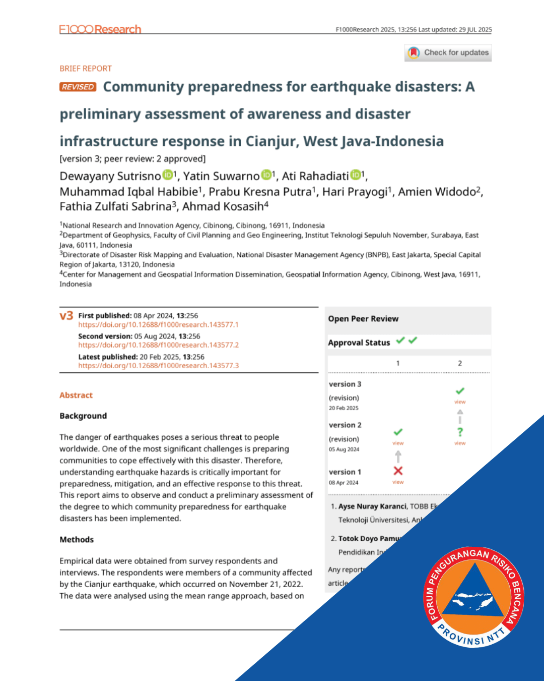 Community preparedness for earthquake disasters: A preliminary assessment of awareness and disaster infrastructure response in Cianjur, West Java-Indonesia