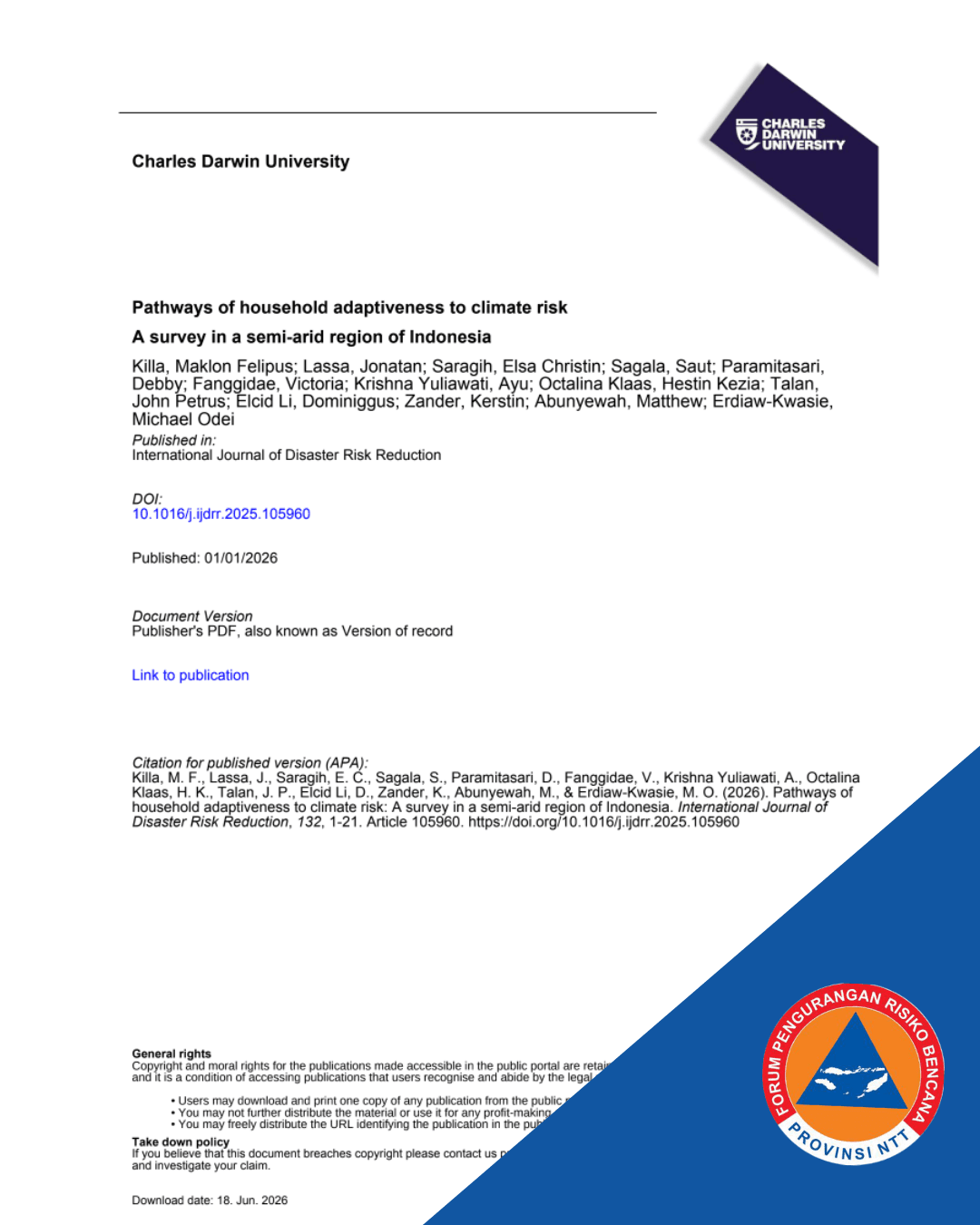 Pathways of household adaptiveness to climate risk: A survey in a semi-arid region of Indonesia