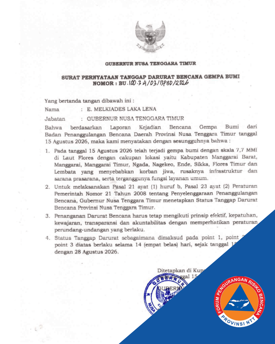Surat Pernyataan Tanggap Darurat Bencana Gempa Bumi (15 Agustus 2026, Gubernur Nusa Tenggara Timur)