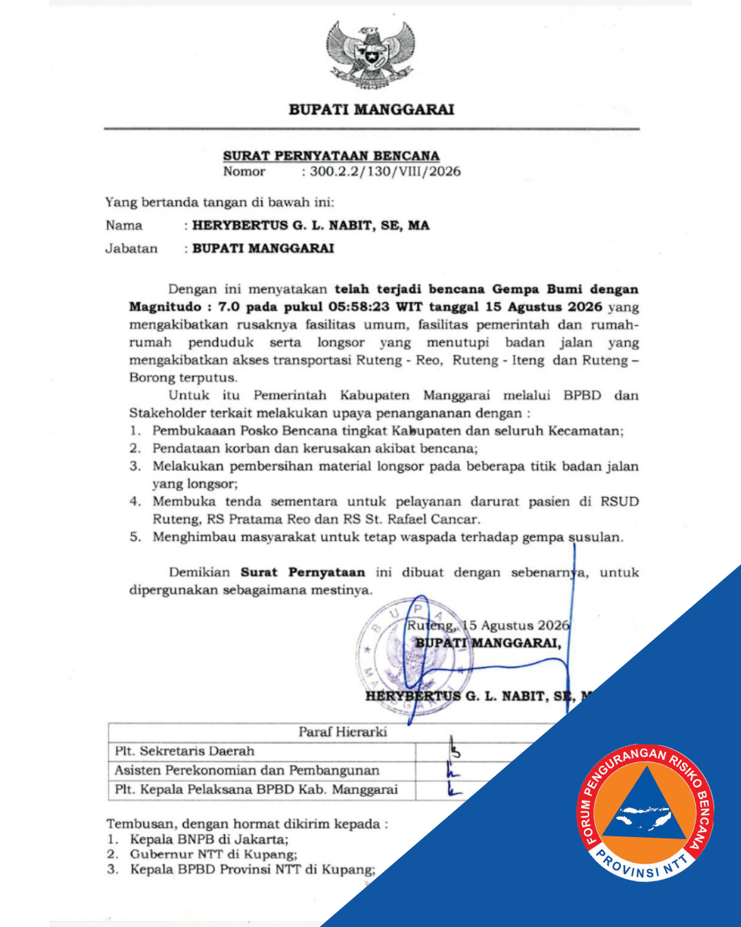 Surat Pernyataan Bencana Bupati Manggarai (15 Agustus 2026, Bupati Manggarai)