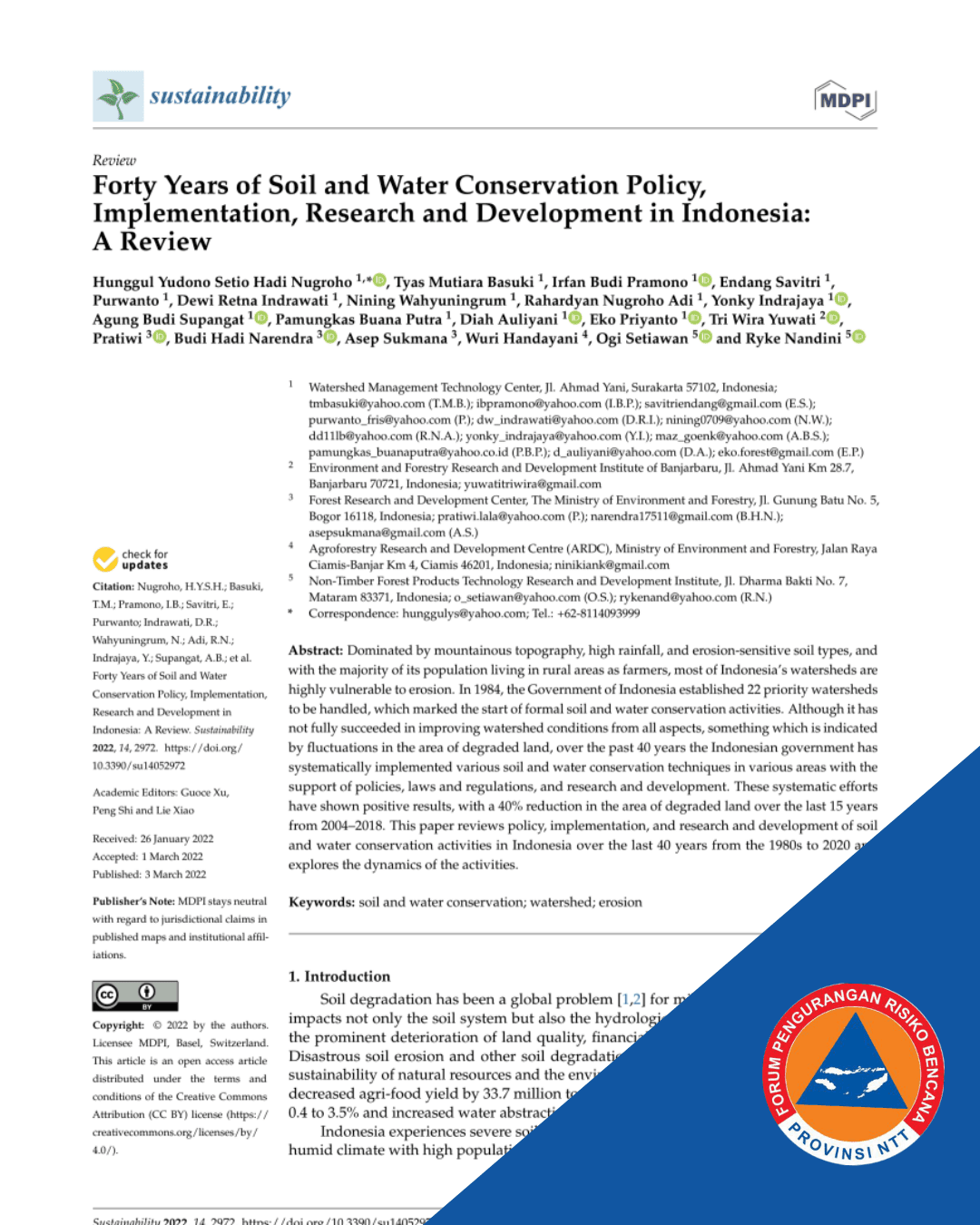 Forty Years of Soil and Water Conservation Policy, Implementation, Research and Development in Indonesia: A Review