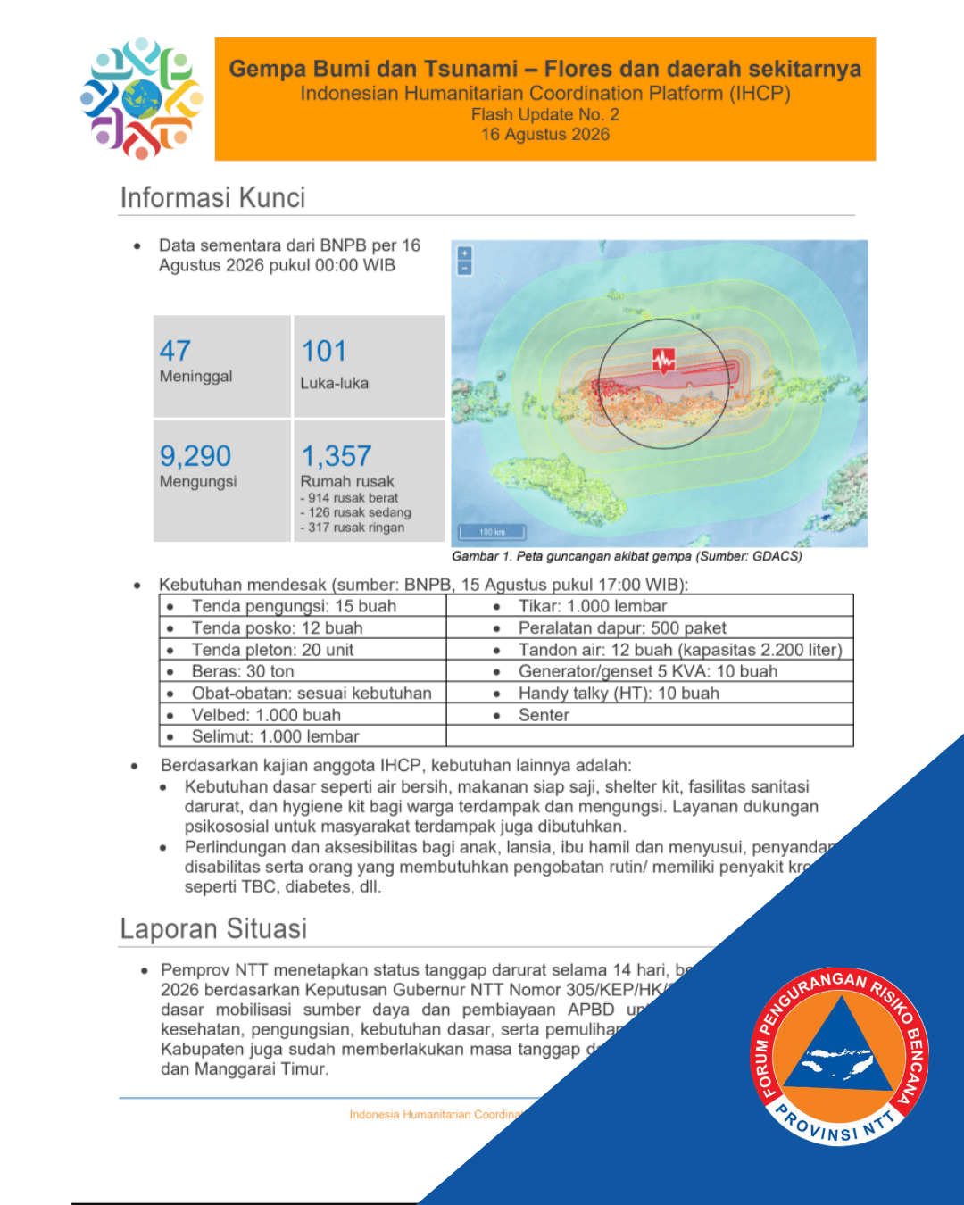 Gempa Bumi dan Tsunami – Flores dan daerah sekitarnya (16 Agustus 2026, IHCP Flash Update No.2)