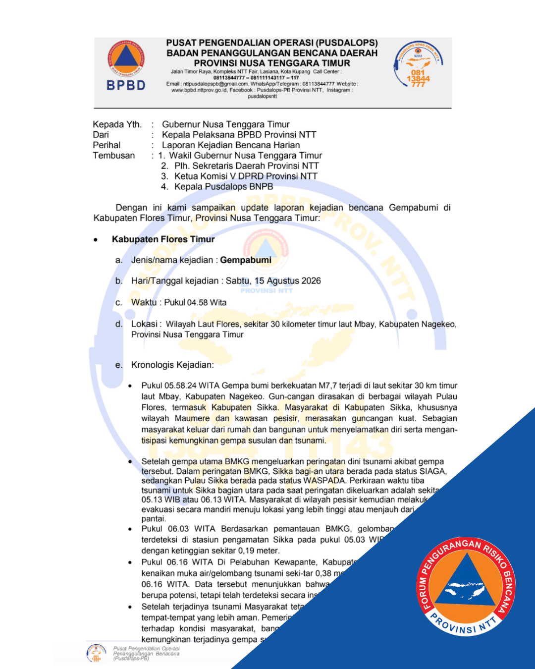 Update Laporan Kejadian Bencana Gempabumi di Kabupaten Flores Timur, Provinsi Nusa Tenggara Timur (15 Agustus 2026, PUSDALOPS BPBD Provinsi NTT)