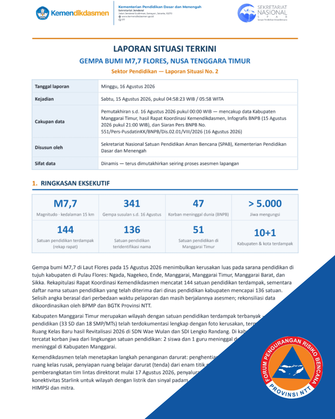 Laporan Situasi Terkini Gempa Bumi M7,7 Flores, Nusa Tenggara Timur (Sektor Pendidikan – Laporan Situasi No.2) (16 Agustus 2026, Kemendikdasmen)
